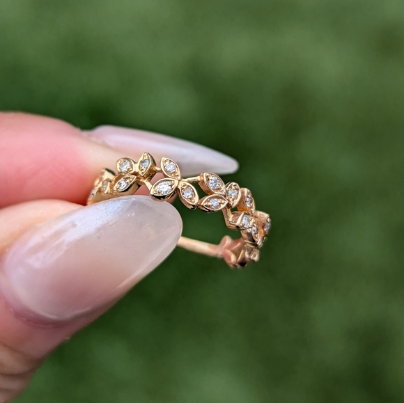 14K Rose Gold Diamond Floral Petal Vine Ring Band - Picture 2 of 9